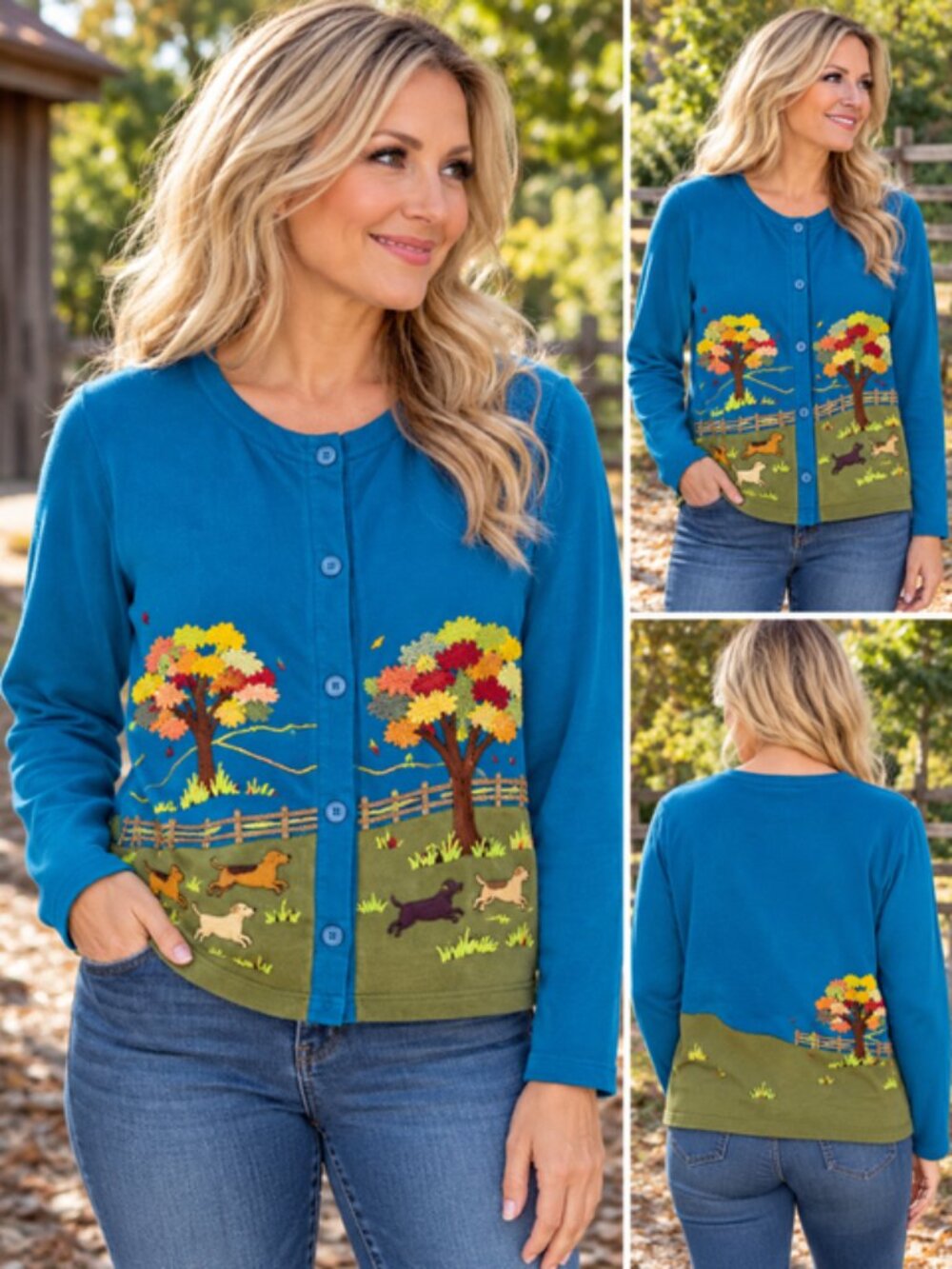 Michael Simon Lite Embroidered Dog Fall Cardigan Blue Cotton Size M